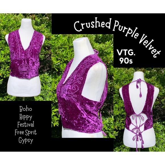 Vintage Tops - 90s Crushed Velvet Festival Top Purple Boho Hippie Embroidery Tie Back Coachella
